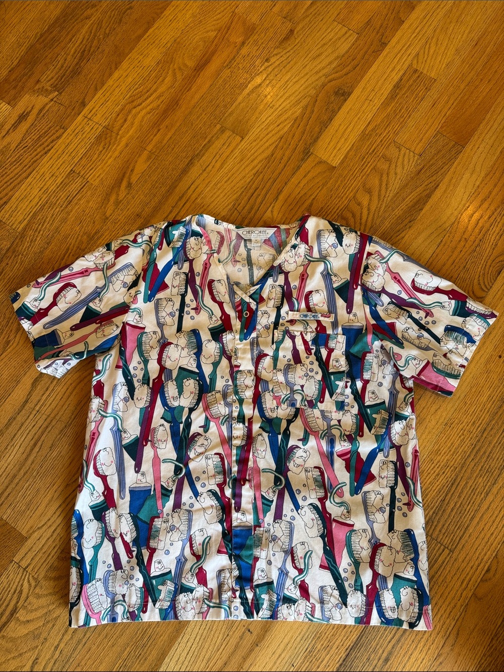 Cherokee Teal Red Blue Cream Novelty Button-Up Medium - Picture 3 of 7